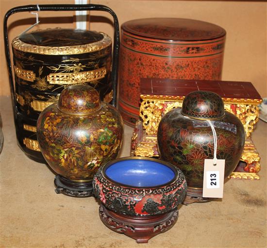 Chinese lacquered bowl on stand, carved giltwood stand, pair cloisonne jars & covers on stands & 2 lacquered picnic boxes